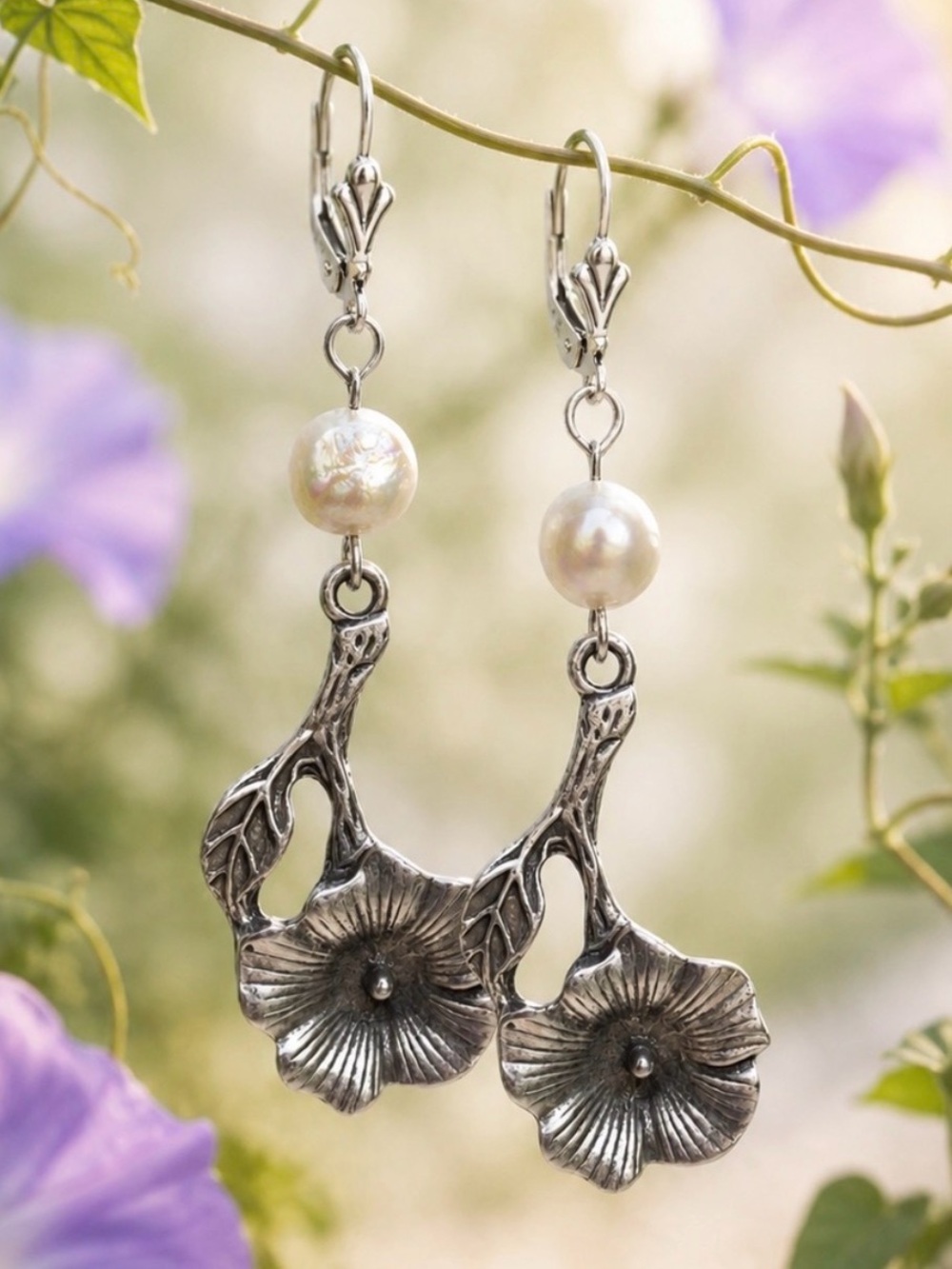 925 Sterling Silver Morning Glory Pearl Dangles, Freshwater Pearl, Boho Floral